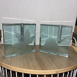 Vintage Set Of 2 Stephen Schlanser Glass Block Bud Vase 1999 Signed Etched 5"